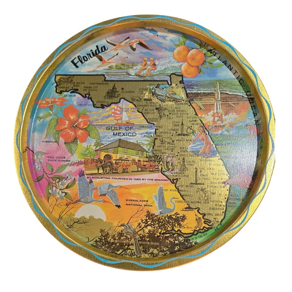 Vintage Florida Souvenir Metal Tray Map Flamingos Oranges Gold Scalloped 11"